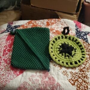Green Knit Potholder and Round Crochet Potholder